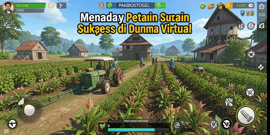 Screenshot utama PAKBOSTOGEL menampilkan momen bertani yang seru dan interaktif.