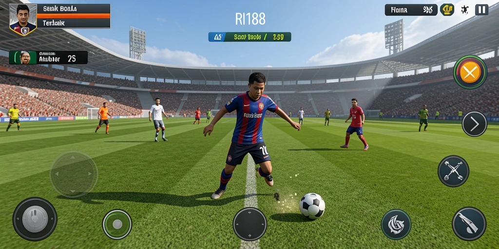 Screenshot gameplay RI188 menampilkan aksi seru di lapangan sepak bola.