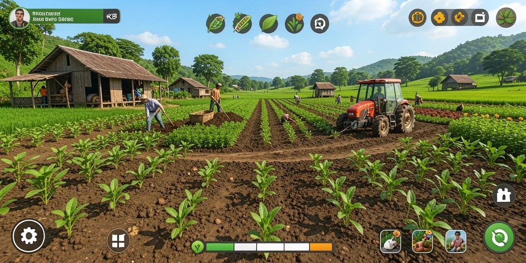Tampilan gameplay RK88 yang menunjukkan ladang subur dan panen hasil tani.