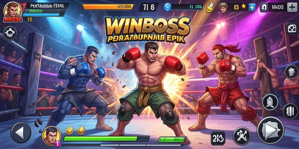 Tampilan gameplay <strong>WINBOSS</strong> menunjukkan karakter bertarung dengan efek visual menakjubkan.